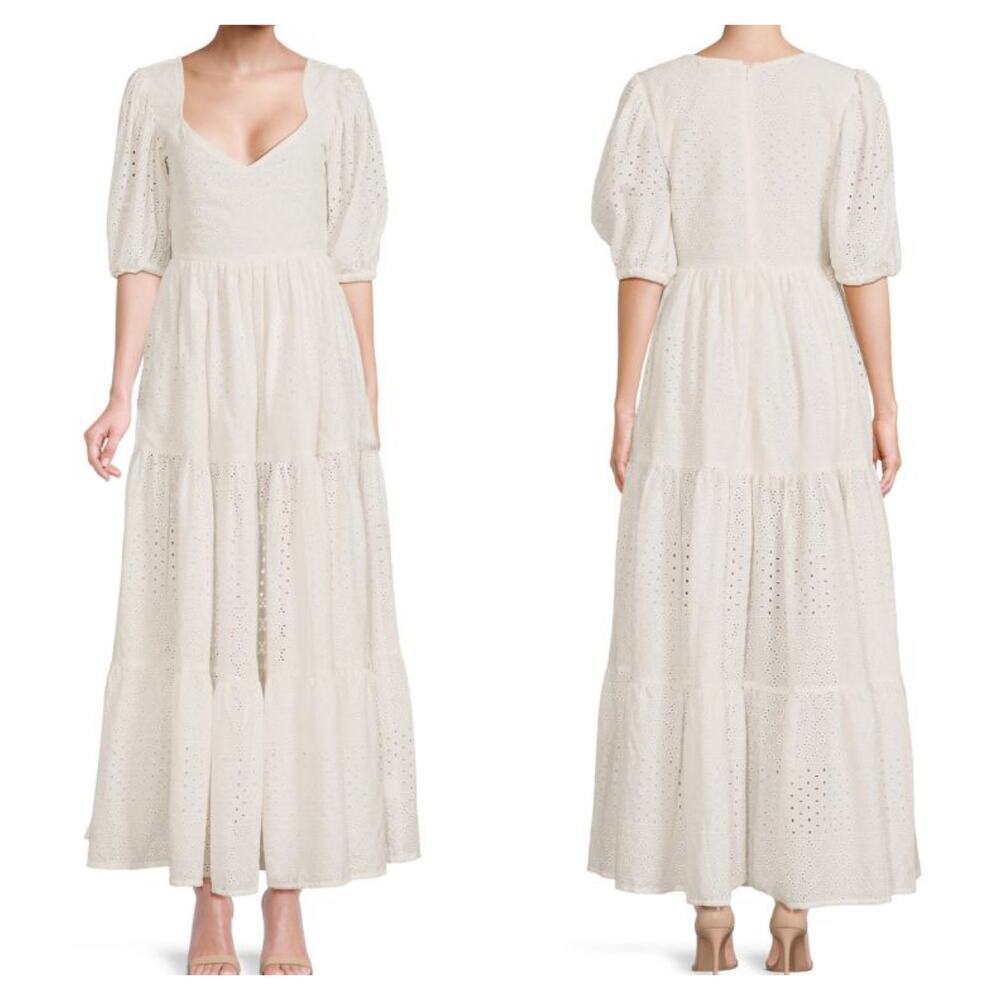 Mille Resort‎ Maja Tiered A-Line Puff Sleeve White Eyelet Midi Dress Womens Sz S